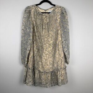 BTFL-Life Chiffon Mini Dress Women's S Beige Metallic Dot Classic Balloon Sleeve
